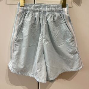 Powder blue and white ADIDAS 3-stripe athletic shorts XXS